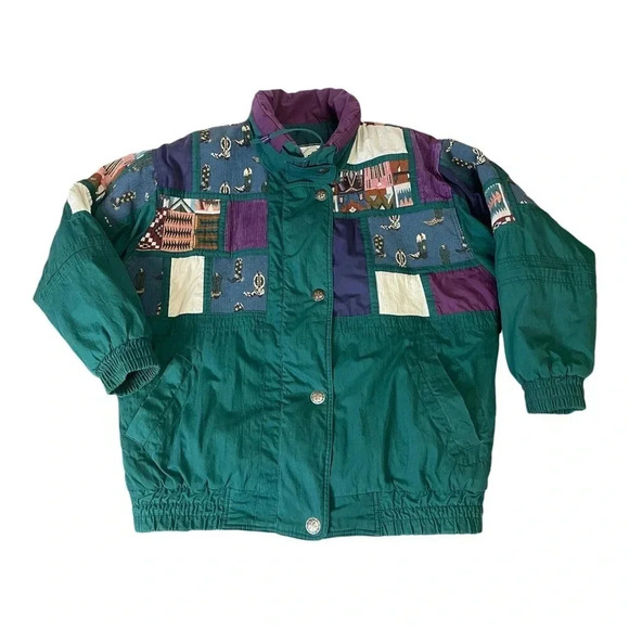 Izzi Vintage 80’s 90’s Western Cowboy Boots Patch Green Purple Jacket Size M - Picture 4 of 16